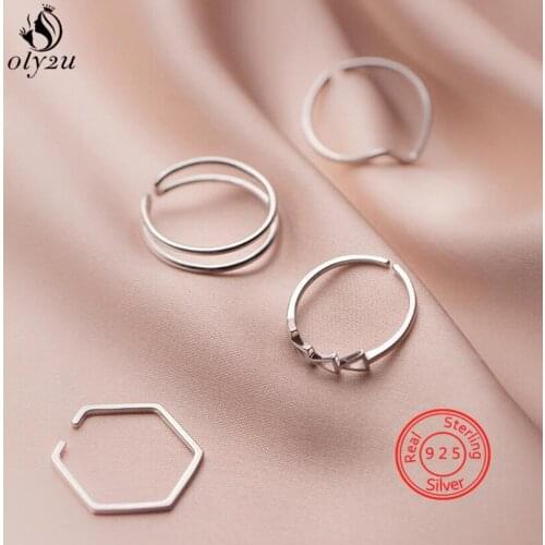 Real 925 Sterling Silver Geometric Double Line Adjustable Rings for Women Minimalist Wave Hexagon Ring Accessories 2021 Gift