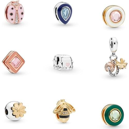 New Fashion Reflexions Sparkling Pink Square White Circle Cute Ladybird Clip Charm 925 Silver DIY Womens Bracelet