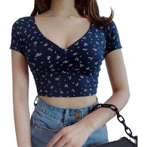 V Neck Vintage Short Sleeve Women Crop Top Blue Flower Print Cross Pleated T-shirt Casual High Waist Female Tee Shirt Slim Tops
