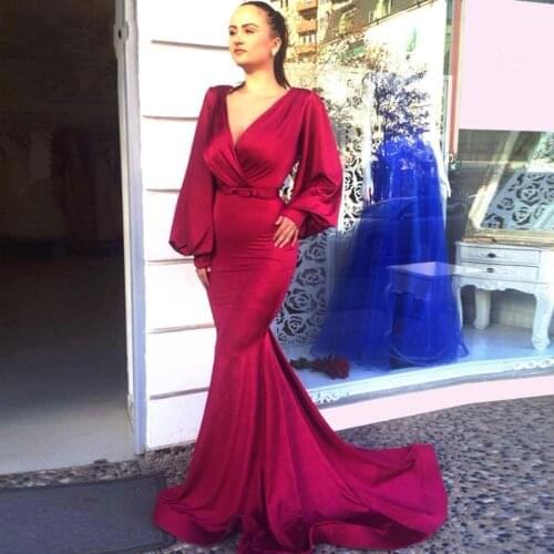 Burgundy Mermaid Sexy Long Sleeve Evening Dresses 2020 Arabic Muslim Prom Party Gowns Robe De Soiree Vestidos De Fiesta De Noche
