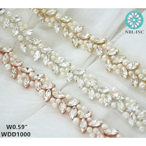 10 YARDS) Wholesale pearl rhinestone applique trim gold bridal beaded crystal trim silver iron on for wedding dress WDD1000