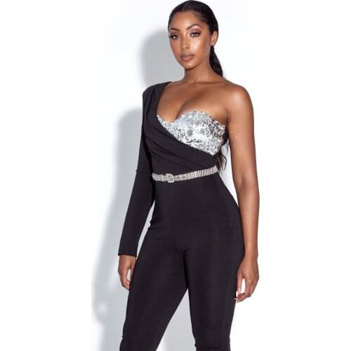 2021 Autumn New Women Fashion Black Sexy One Shoulder Full Sleeve Bandage Jumpsuit Bodycon Club Party Jumpsuit