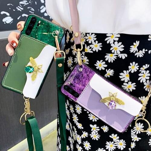 3D Marble Diamond Bee Wallet lanyard soft case for iphone 11 Pro Max 7 8 6S plus X XR XS SE cover for samsung S8 S9 S10 S20 capa