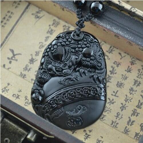 5pcs Chinese Ancient God Beast Pixiu Pendant Natural Black Obsidian Carved Pendant Necklace For Unisex Jewelry