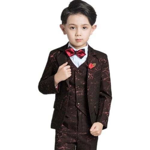 Flower Boys Wedding Suit Sets Children Blazer Pants Shirt Vest Tie 5pcs Clothing Sets Kids Host Performance Dress Costume