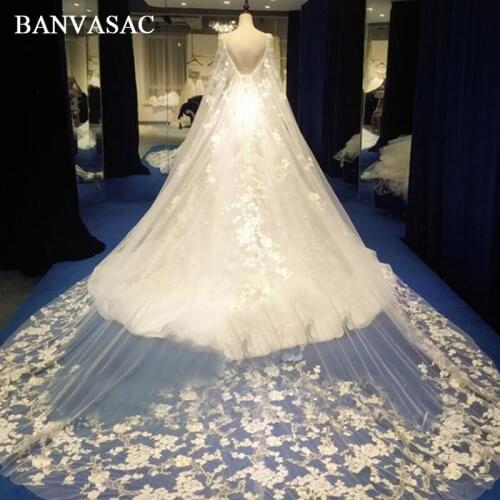 BANVASAC 2018 Real Photos Elegant Flowers A Line Bridal Gowns O Neck Lace Appliques Chapel Train Plus Size Wedding Dresses