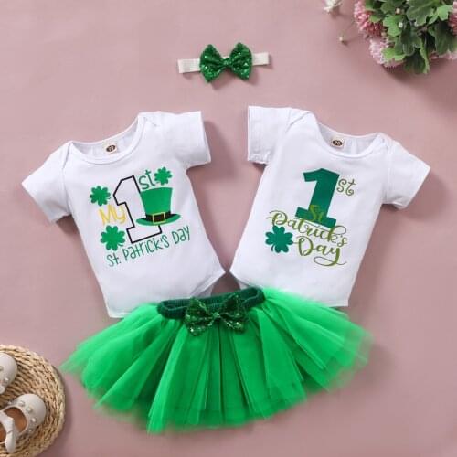 St Patricks Day Baby Newborn Clothes For Infant Girl First 1st St.patricks Day Bodysuit Tutu Lace Skirt+hairband Summer Outfits
