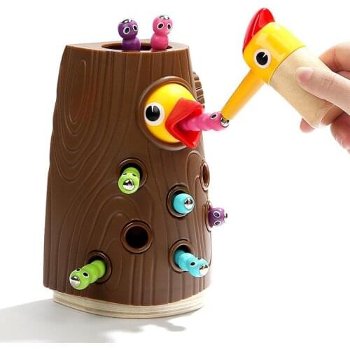 Wooden Magnetic Woodpecker Catch Caterpillar Worm Game Early Educational Preschool Toy Pretend Play Catching Feeding Game Gift