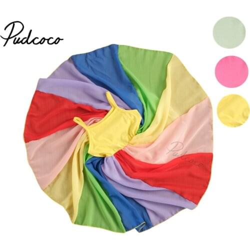 Infant Kids Children Rainbow Colorful Sling Dress, Baby Girls Sleeveless Square Collar High Waist Sundress for Summer