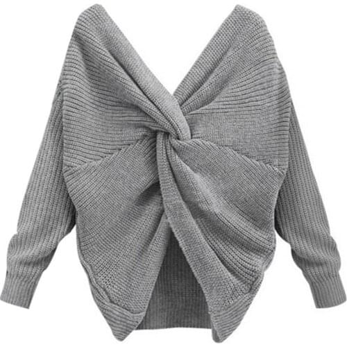 Ele-choices Hot Sale Solid Color V Neck Twisted Back Knot Sweater Women Long Sleeve Jumper Pullover