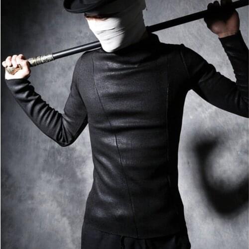 Velvet Snake Pattern To Keep Warm Black Tees Men Casual T-shirt Stage Show Costumes Fashion Leather Splice Gloves Tshirt Male