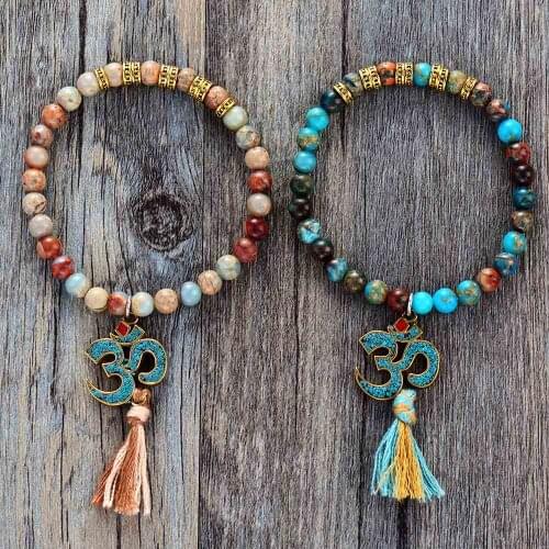 New Stretch Bracelet Natural Stone Tibetan OM Charm Tassel Elastic Bracelet Natural Stones Beaded Mala Bracelet Dropshipping