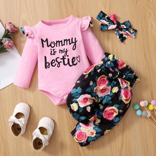 Autumn Baby Girls Clothes Outfits Infant Baby Boys Girls Letter Romper+Floral Pants+Headband Outfits Set conjuntos de menina