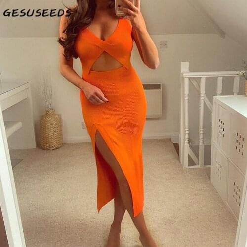 Sexy dress women party knitted dresses sleeveless midi dress elegant v neck tank dress summer hollow out dresses orange split