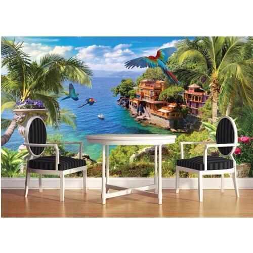 Custom photo designs 3d wall murals wallpaper Blue coast coconut flowers and birds decor picture wallpapers for living room