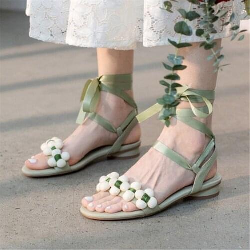 PXELENA Designer Riband Cross tied Flower Gladiator Sandals Women Genuine Leather Low Heels Rome Strappy Shoes 2021 Summer Green
