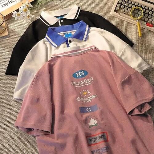 Hip Hop Print Polo Shirt For Girl Women Cartoon T-Shirt Funny Gothic Kawaii Harajuku Tops Summer 50% Cotton Shirt Femme