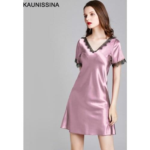 Sexy Lace Nightgown Women Summer Sleepwear V-Neck Slip Lounge Soft Nightdress Ladies Lingerie Homewear Imitated Silk Night Dress