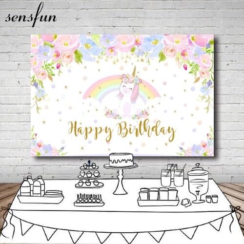 Sensfun 7x5FT New Photography Backgrounds Pink Lilac Flowers Rainbow Unicorn Girls Happy Birthday Backdrop 7x5FT Vinyl Polyester