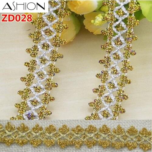 Width 25mm gold white mixing color polyester braided lash lace ribbon trim with edge ZD028