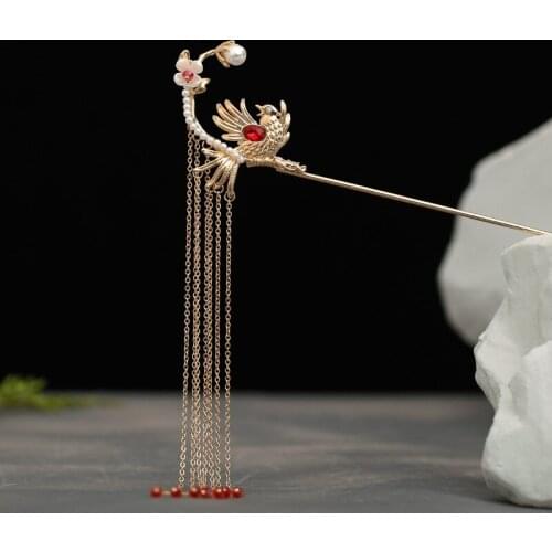 Traditional Han Chinese Clothing Hairpin Birdie Pattern Gold Tassels Antique Style Costume Hair Accessories LL@17