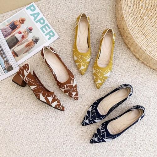 Pointed Toe Woven Shoes Womens Shallow Mouth One-step Thick Heel Mid-heel Knitted Shoes Wedding Shoes Bride High Heels Shoes