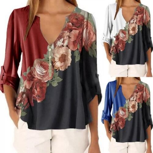 Vintage Women V Neck Long Sleeve Floral Print Color Block Loose Blouse Top Shirt Women Hot Sale Button Basic Blouses Fashion