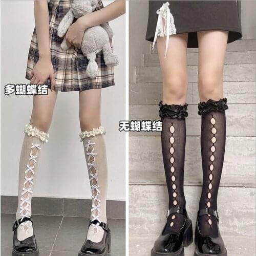 Vintage Womens Lolita Hollow out Bow Knee High Mid Calf Socks.Ladies Girls Lace In Tube Socks.JK Sock Female Hosiery