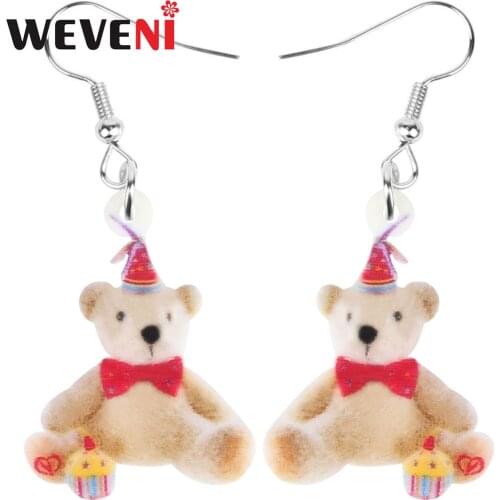 WEVENI Acrylic Christmas Hat Bow-knot Bear Doll Earrings Animal Toy Dangle Drop Jewelry For Women Kids Charms Gifts Decoration