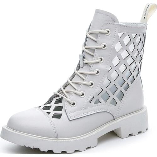 Womens Summer Boots Genuine Leather Hollow out Motorcycle Boots White Cutout Black Shoes breathable Mujer Zapatos