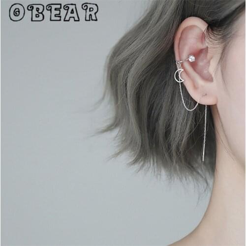OBEAR Siver Plated Simple Delicate Shiny Zircon Moon Clip Earrings For Women Chain Earrings Wedding Jewelry Gift