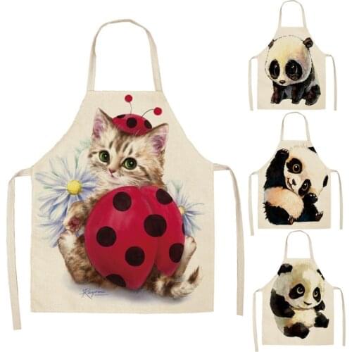 Panda Pattern Kitchen Apron for Woman Sleeveless Cotton Linen Aprons Home Cooking Baking Bibs Cleaning Tools