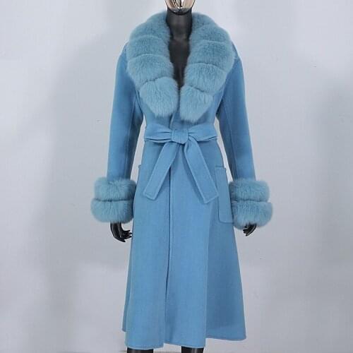 BLUENESSFAIR 2021 X-long Cashmere Wool Blends Real Fur Coat Belt Winter Jacket Women Natural Fox Fur Collar Streetwear Outerwear