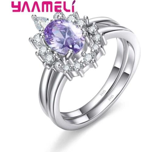 Elegance Noble Purple Oval Crystal Cubic Zirconia Genuine 925 Sterling Silver 2 Finger Rings For Women Ladies Jewelry