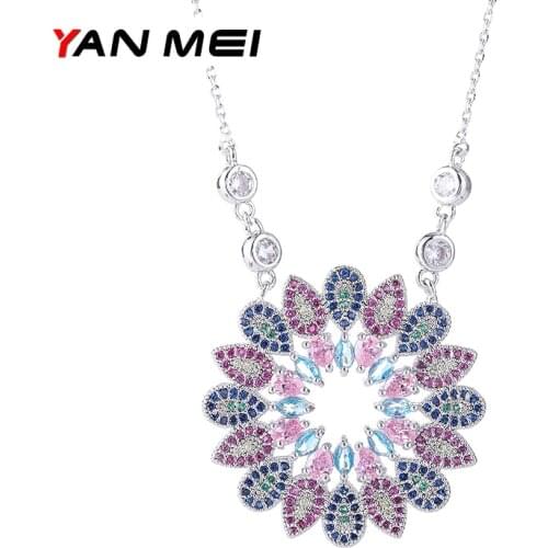 YANMEI Flower And Leaves Pendant Necklaces For Women Geometric Cubic Zirconia Oval Necklace Fashion Jewelry YMD1299