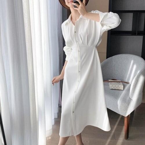 Front Buttons Elegant Women Dress 2021 Office Lady Slim Waist Long Sleeve Turn Down Collar Single Breasted Dresses Chic Wear