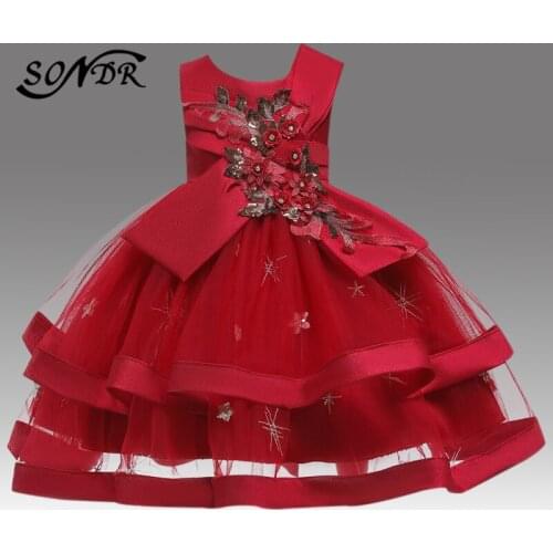 5 Colors Flower Girl Dresses HT228 Appliques Sequin Princess Ball Gowns Bow Shining Crystal Little Kids First Communion Dress