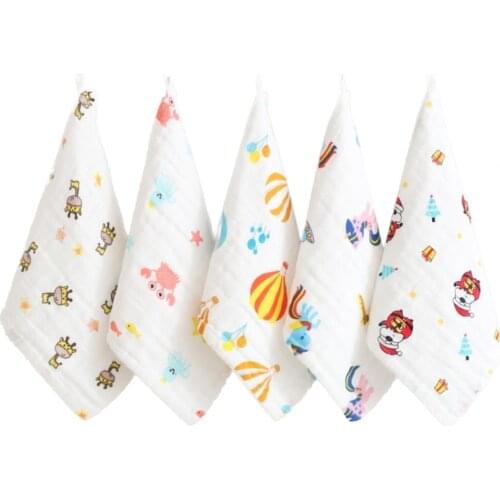 5Pcs 6 Layers Muslin Cotton Baby Washcloth Cartoon Newborn Face Towel Bibs Wipes R7RB