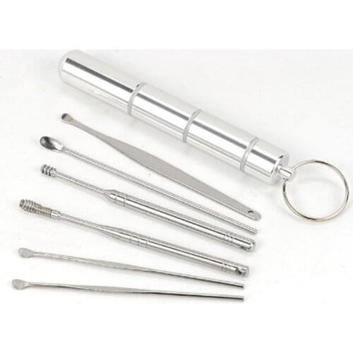 A182 free shipping Outdoor portable Keychain Portable ear spoon 6 pieces / set Vintage stainless steel EDC gadget