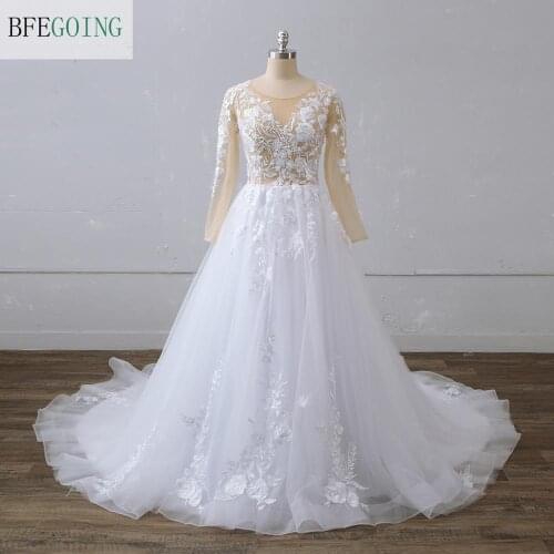 White Lace Tulle Long Sleeves Bridal gown Floor-Length Wedding dresses Chapel Train Custom made