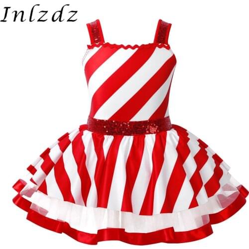 Kids Girls Christmas Dance Costume Shiny Sequins Striped Children Figure Ice Skating Roller Skating Baton Twirling Leotard Dress