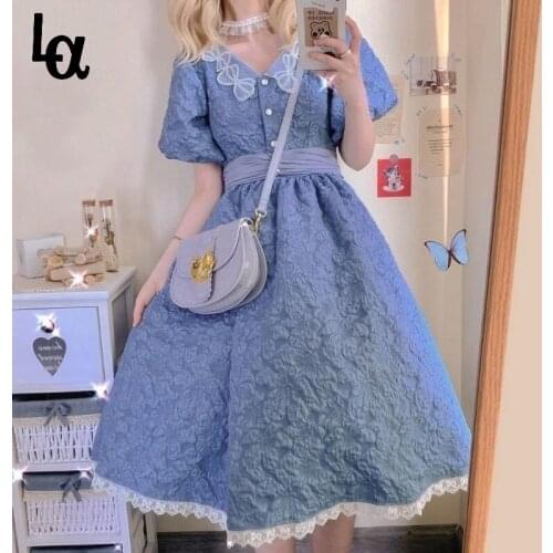 Luck A Elegant Blue Fairy Dress Kawali Vintage Princess Sweet Lolita Revolve Dress Casual Puff Sleeve Pretty Dress 2021 Summer