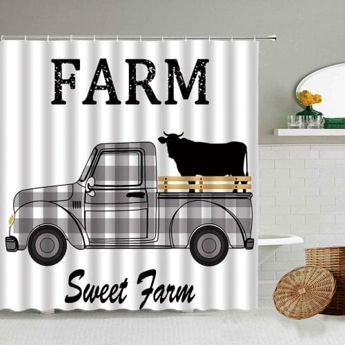 Farm Animal Ox Car Shower Curtain Country Farmhouse Black and White Art Bathroom Waterproof Screen Home Decoration With Hook Set
