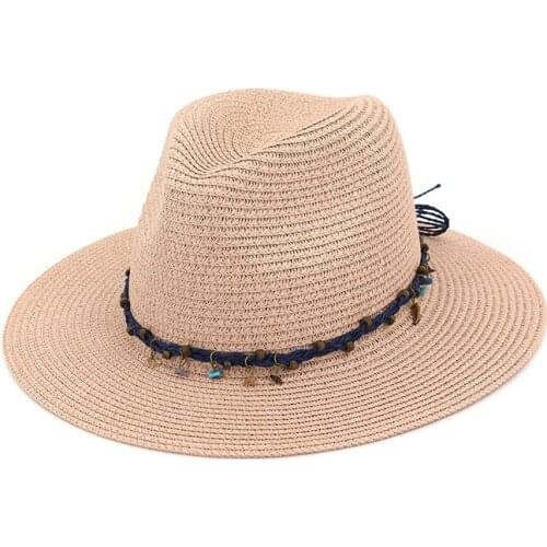 Good Quality Flat Brim Jazz Panama Hat Summer Fedoras Hat with Rope Chain Female Travel Holiday Beach Hat for men women unisex
