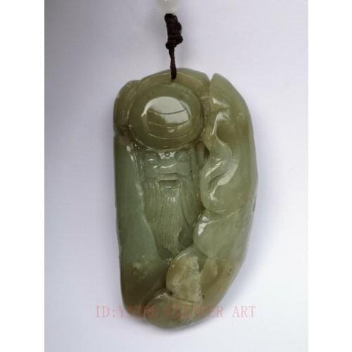 YIZHU CULTUER ART Collection China Xinjiang Jade Hand Carving God of Longevity Statue Pendant Gift