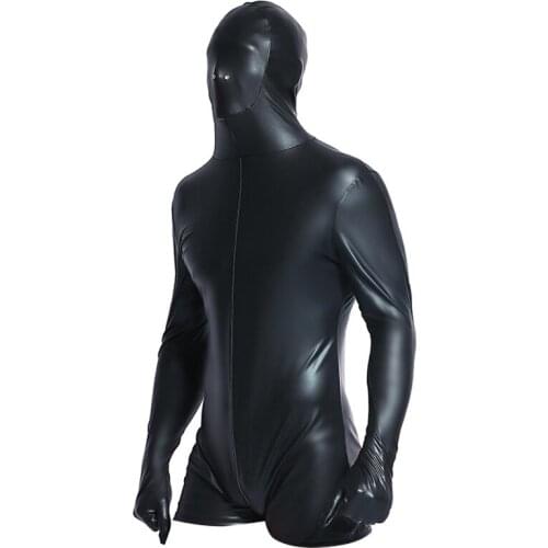 Man Hooded ed Jumpsuit Seductive Wear PU Sexy Lingerie Black Patent Exotic Jumpsuit Faux Leath Party Pole Dancing Wear