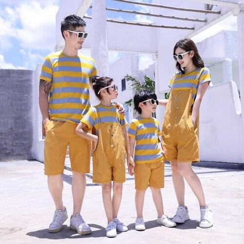 Summer Family Matching Outfits Dad Boy Stripe T-Shirt+Shorts Sets 2PCS Suits Mother Girls TShirt+Overall Pants Vacation Clothes