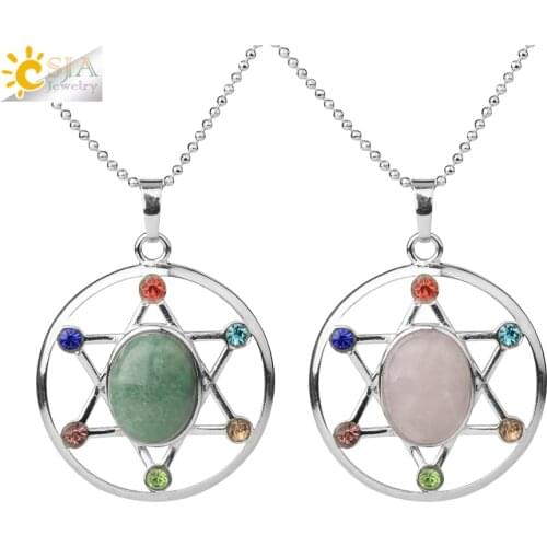 CSJA Star of David Pendants Egg Shape Natural Stone Reiki Crystal CZ Hexagram Amulet Necklaces for Women Men Trendy Jewelry G515