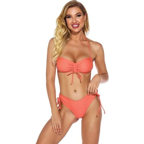 2021 Halter Backless 2 Piece Swimwear Drawstring Swimsuit Bikini Solid Color Hip Lift Girls Beach Designer Bathing Suit Sexy