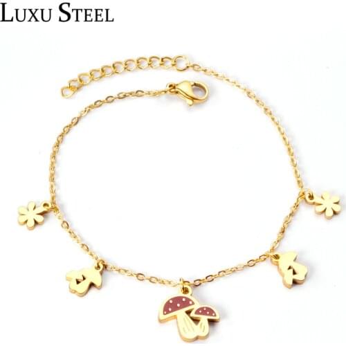 LUXUSTEEL Cute Style Gold Color Mushroom Flower Pendants Beaded Chains Bracelets Women Accessories Stainless Steel link Chain
